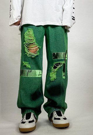 RIPPED GRAFFITI PAINTED JEANS DIRTY WASH DENIM OVERALLS