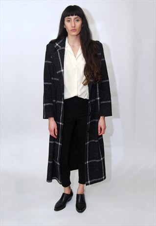 PLAID OVERCOAT (M/L) VINTAGE 80S GREY PEACOAT WOOL PANEL