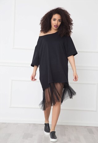 OFF SHOULDER DRESS WITH TULLE FRINGE