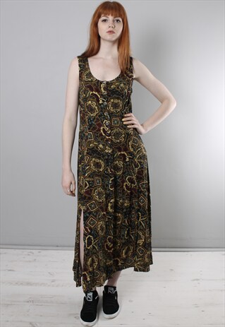 VINTAGE 80S CRAZY PATTERNED BUTTON MAXI FESTIVAL DRESS