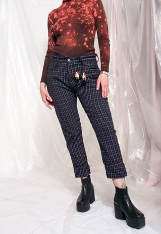 VINTAGE TROUSERS Y2K CHECKED BOYFRIEND JEANS W CABLE BELT