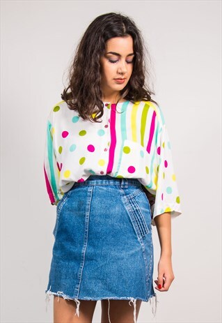 VINTAGE 90'S BRIGHT STRIPED SPOT PATTERN SHORT SLEEVE SHIRT
