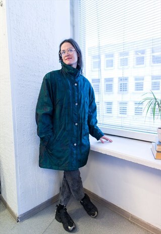 VINTAGE 80S GREEN ABSTRACT PRINT DOUBLE FASTENING PARKA COAT