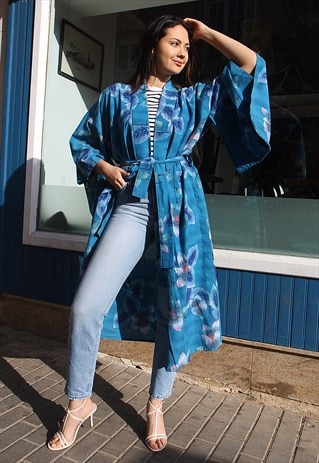 Long Kimono Jacket in Blue Floral Print
