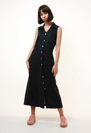 80S VINTAGE MAXI LONG LENGTH LINEN SLEEVELESS DRESS 982