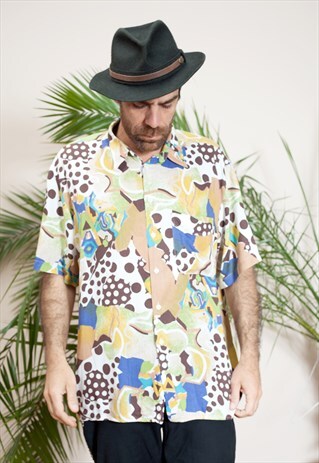 MENS VINTAGE SHORT SLEEVE, ABSTRACT PRINT, BUTTON UP SHIRT