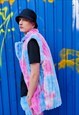 TIE-DYE FLEECE GILET HANDMADE TEXTURED HOODIE JACKET IN PINK