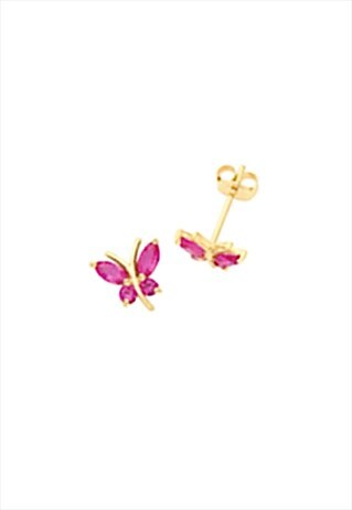 REAL PINK RUBY YELLOW GOLD BUTTERFLY STUDS, 9CT