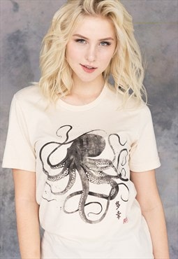 Octopus Japanese Calligraphy Printed Cute Womens T Shirt Tee