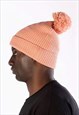54 Floral Bobble Knitted Ribbed Beanie Hat - Coral Pink