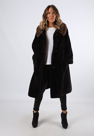FAUX FUR COAT JACKET KNEE LENGTH VINTAGE LONG UK 16 (EHDH)