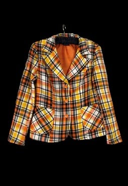 70's Vintage Ladies Jacket Yellow Brown Check Dagger Collar
