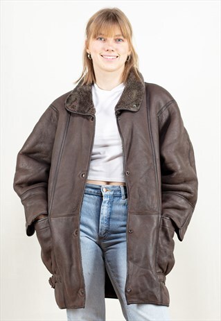 Vintage 70's Leather Shearling Coat in Brown