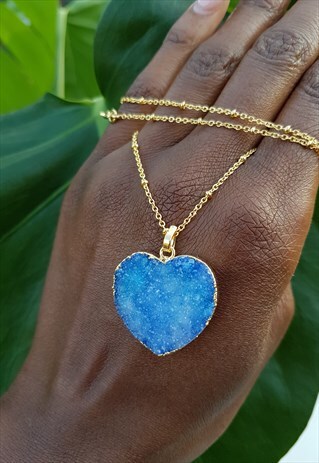 BLUE HEART DRUZY GEMSTONE PENDANT GOLD CHAIN NECKLACE
