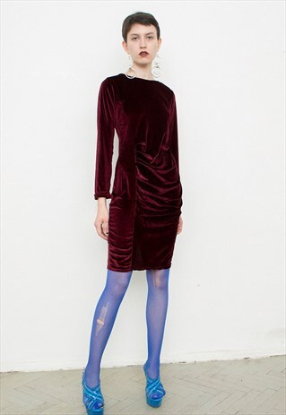 VINTAGE MINI DRESS BURGUNDY STRETCHY SHORT VICTORIAN DRAPE