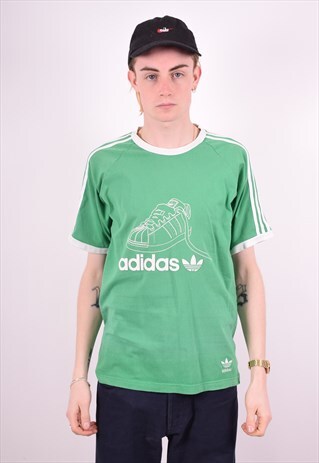 ADIDAS MENS VINTAGE T-SHIRT TOP LARGE GREEN 90'S