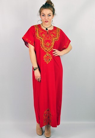 VINTAGE EMBROIDERED RED BOHO HIPPY KAFTAN MAXI DRESS