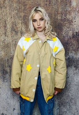 Star varsity jacket retro space bomber patch coat in yellow