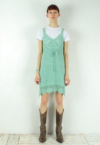 MINI KNITTED DRESS CROCHET ABOVE THE KNEE SLEEVELESS STRAP