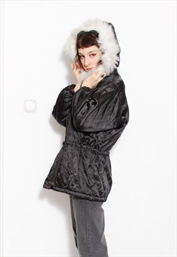 90s grunge y2k goth quilted black satin faux fur jacket coat
