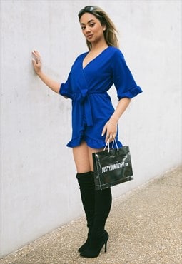 JUSTYOUROUTFIT  Frill Sleeve Wrap Mini Dress Royal Blue