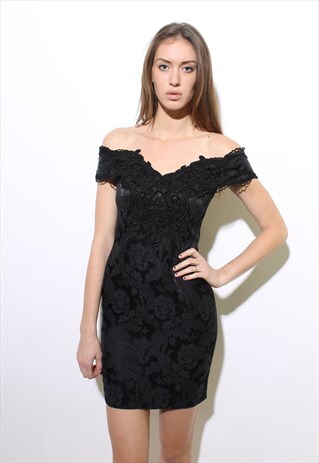 VINTAGE 1980'S 80'S OFF-THE-SHOULDER BEADED DAMASK MINI XS-S