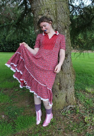 VINTAGE 80S RED & WHITE FLORAL LACE FESTIVAL BOHO MAXI DRESS