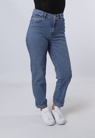 HIGH WAISTED DENIM JEANS TAPERED LEG VINTAGE UK 10 (KJCF)