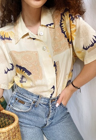 VINTAGE 80S ABSTRACT SUNFLOWER FLORAL PRINT BOHO BLOUSE TOP