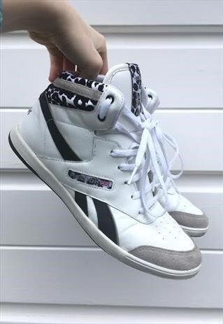 WOMENS REEBOK TRAINERS WHITE HI TOP BLACK LEOPARD PRINT