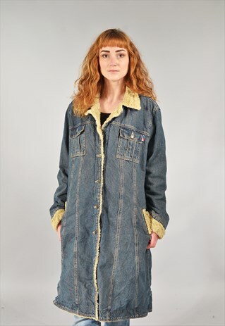 VINTAGE LONG DARK BLUE FAUX FUR LINED DENIM JACKET