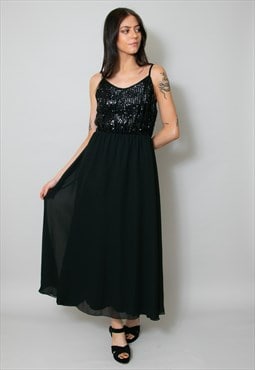 70's Vintage Ladies Black Sequin Evening Midi Dress Small