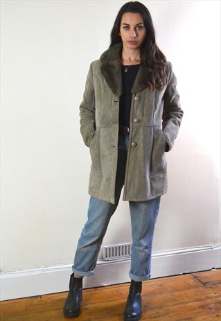 1980S VINTAGE GREY SHEEPSKIN LINED LEATHER & SUEDE COAT