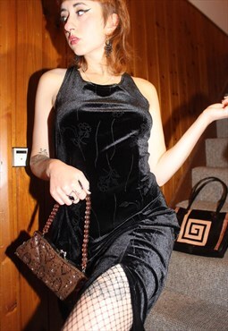Vintage 90s Evening Maxi Dress in Black Floral Velvet 
