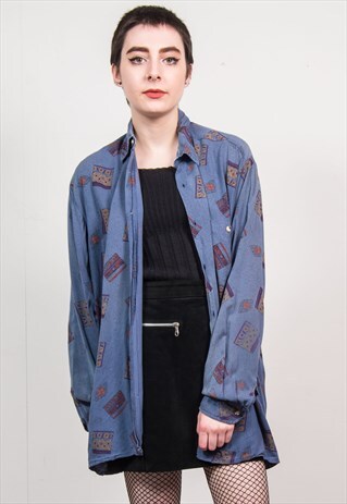 VINTAGE 90'S BLUE ABSTRACT PATTERN OVERSIZED SHIRT