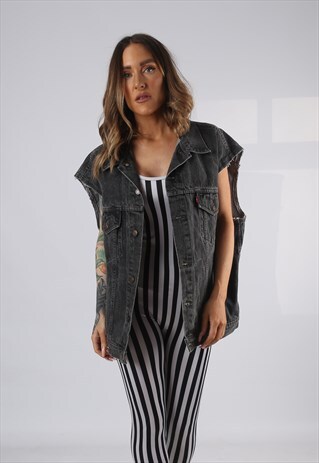 VINTAGE DENIM WAISTCOAT JACKET OVERSIZED FITTED UK 20 (HD1D)