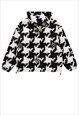 HOUND-TOOTH FLEECE JACKET CHECK PATTERN FLUFFY BOMBER BLACK