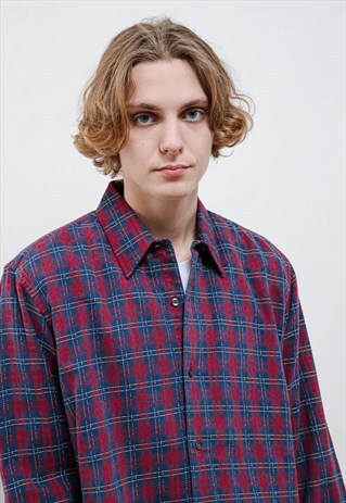 VINTAGE 80S PURPLE BLUE CHECK RELAXED BUTTON UP SHIRT MEN M