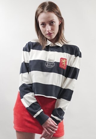 VINTAGE 90'S TOMMY HILFIGER REWORKED NAVY STRIPED POLO TOP