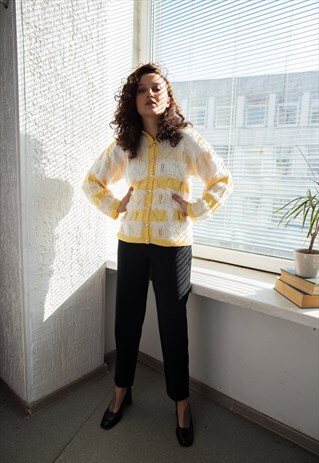 VINTAGE 70'S WHITE/YELLOW CARDIGAN