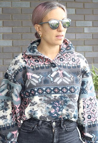 VINTAGE 1990S PINK AND GREY AZTEC PRINTED ZIP FLEECE