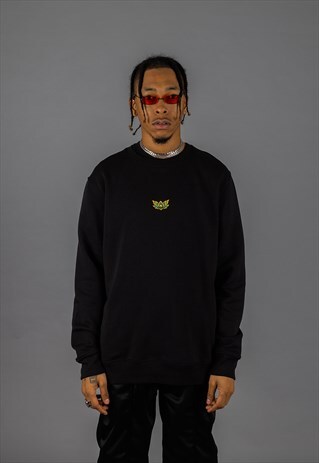 BLACK EMBROIDERED ORGANIC SWEATSHIRT LITTLE LOTUS EMBROIDERY