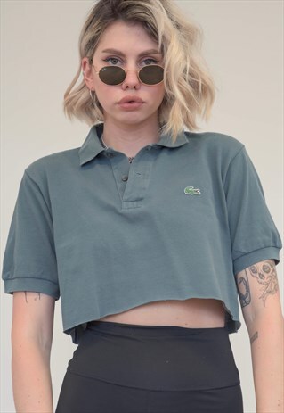 VINTAGE REWORKED LACOSTE CROP TOP POLO SHIRT IN GREY