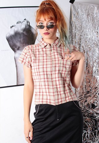 90S GRUNGE Y2K PLAID BEIGE CHECKED FULL ZIP SHORT SHIRT