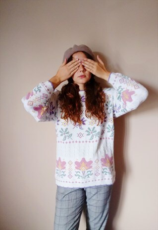 AUTUMN FALL GEOMETRIC PATTERN PASTEL 80S VINTAGE JUMPER