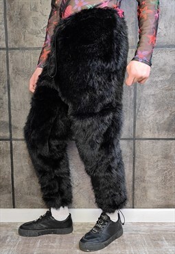 Luxury fauxfur jogger handmade detachable fleece pants black