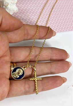 1970's Delicate Charm Necklace with Cross and Saint