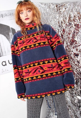 80S GRUNGE 90S AZTEC OVERSIZE MOCKNECK BORG FLEECE SWEATER