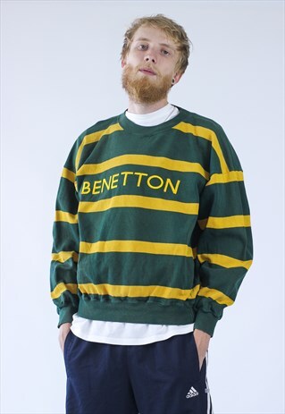 VINTAGE MENS BENETTON BIG LOGO RUGBY STRIPED SWEATSHIRT
