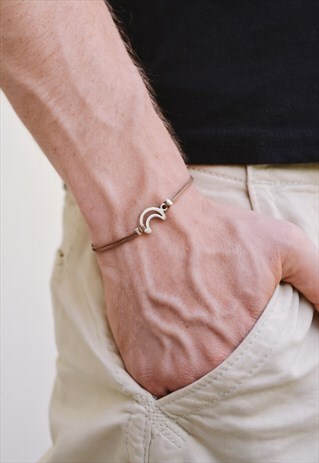 MENS BRACELET SILVER CRESCENT MOON CHARM BROWN CORD FOR MEN